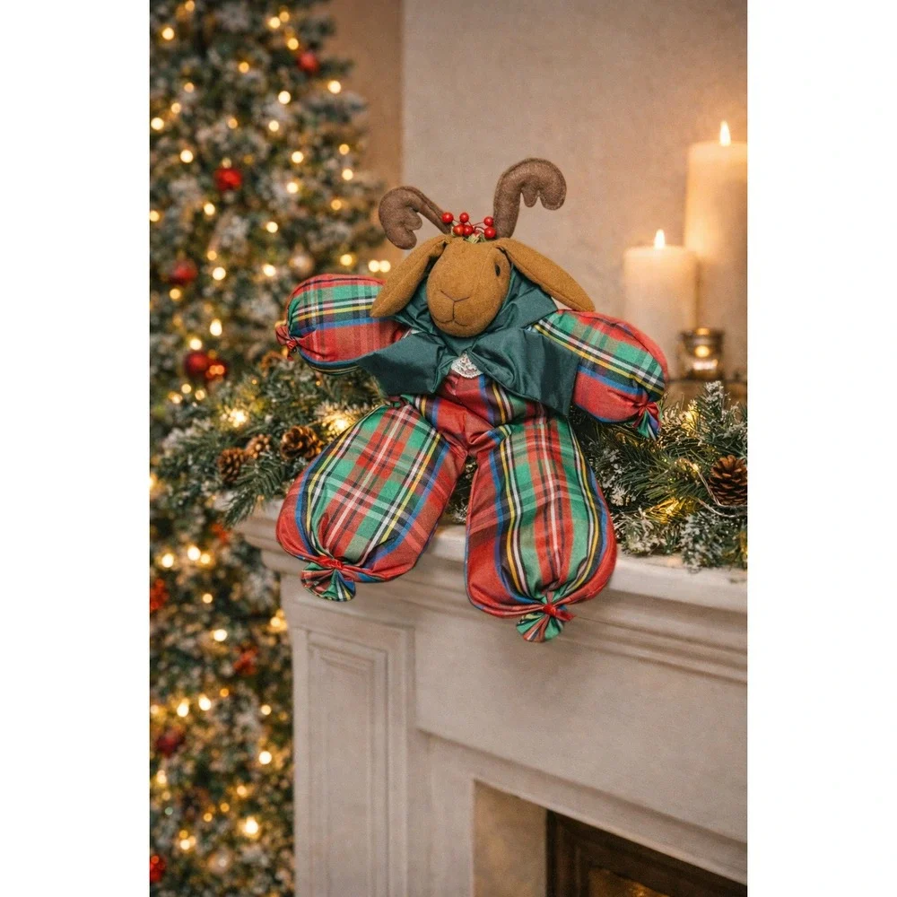 Vintage 90s Christmas‎ Reindeer Plush Stuffed Animal Tartan Plaid Sitter Nylon